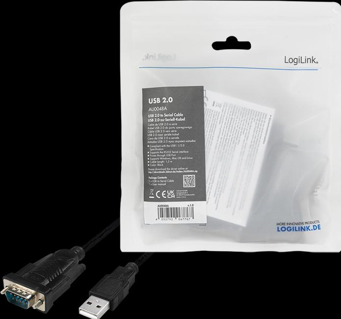 Produktbild LogiLink USB 2.0 RS232 Adapterkabel, schwarz, 1,5 m Anschlüsse: USB-A Stecker, DB9 Stecker (1.50 m)