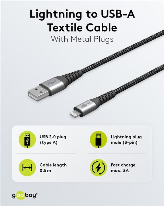 Produktbild Goobay Lightning auf USB-A Textilkabel mit Metallsteckern (space grau/silber) 1 m, 1 m, Schwarz-Grau (1 m, USB 2.0)
