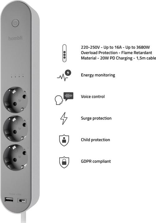 Produktbild Hombli smarte Steckdosenleiste (3 x, USB-A, USB-C, 1.50 m)