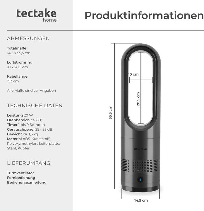 Actual product image tectake Tower Fan Polar, 80° oscillation, incl. timer (55 dB)