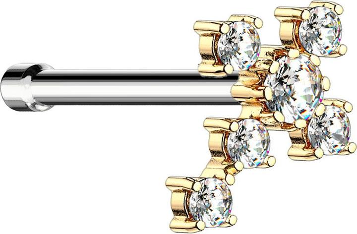 Star Piercing Nasenstecker gerade vergoldet Kreuz mit Kristall silber (Chirurgenstahl 316L, Messing)