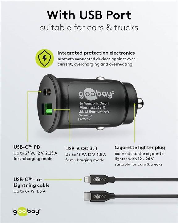 Actual product image Goobay Dual USB car fast charging set USB-C 27 W
