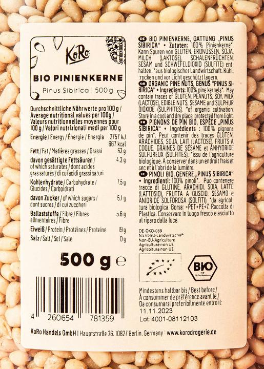 Valori nutrizionali e ingredienti KoRo Bio Pinienkerne (500 g)