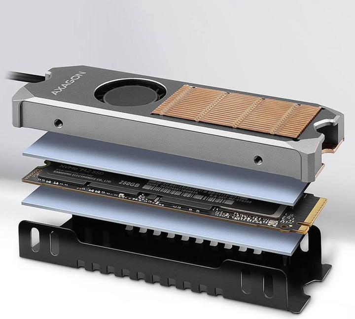 Produktbild Axagon CLR-M2FAN computer cooling system Solid-state drive Heatsink/Radiatior Grey 1 pc(s)