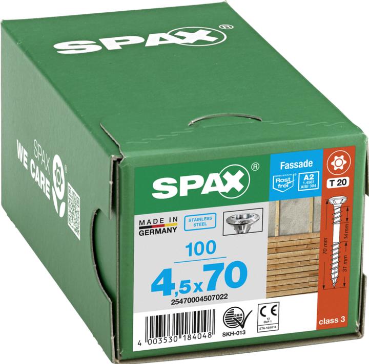 Produktbild Spax Fassadenschraube 4,5 x 70 mm 100 Stk. Edelstahl A2 ( 25470004507022 ) Fixiergewinde Mini Linse (100 Schrauben pro Stück)