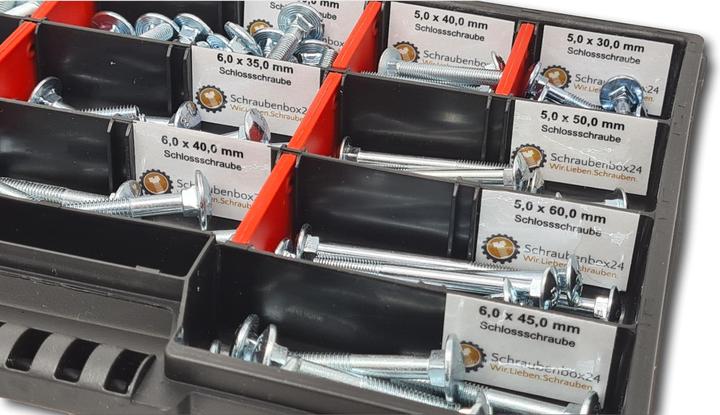 Produktbild Schraubenbox24 Flachkopfschrauben Sortiment M5-M6-M8 // 30mm-60mm 115 tlg. Schraubenbox DIN 603 (115 Schrauben pro Stück)