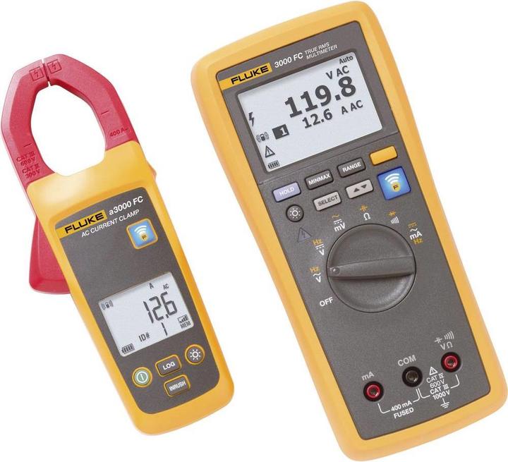 Wireless-Multimeter FLK-3000 FC · Wireless-Wechselstromzangenmodul FLK-A3000 FC · Messleitungen TL175 · Krokoklemmen AC175 · Gepolsterte Tragetasche · Batterien · Bedienungsanleitungen.