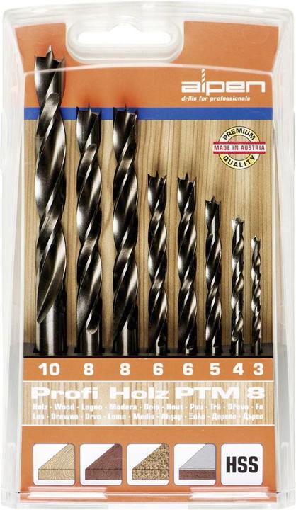 Alpen Jeu de forets hélicoïdaux pour bois 8 pièces (6 mm, 10 mm, 3 mm, 5 mm, 8 mm, 4 mm)