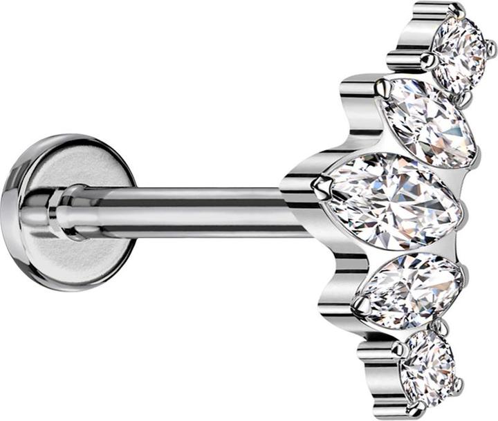 Star Piercing Micro Labret Innengewinde silber drei Ovale und zwei runde Kristalle silber (ohne Messing, Titan G23)