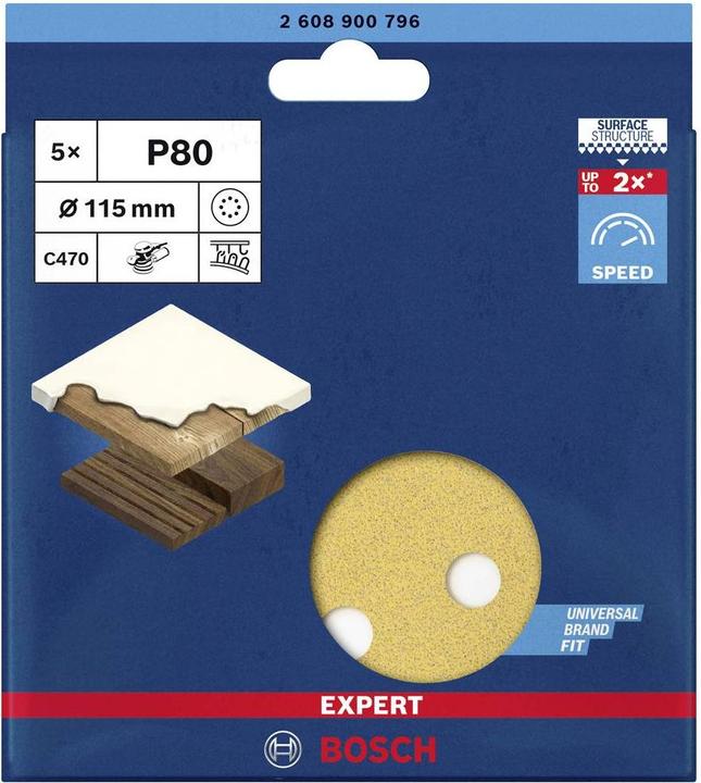 Produktbild Bosch Professional Zubehör EXPERT C470 Schleifpapier mit 8 Löchern für Exzenterschleifer, 115 mm, G 80, 5-tlg. (80)