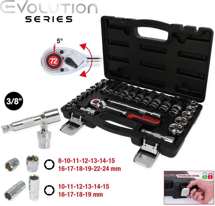 Produktbild KS Tools 3/8" CHROMEplus Steckschlüssel-Satz, 27-teilig, Flank Traction (3/8")