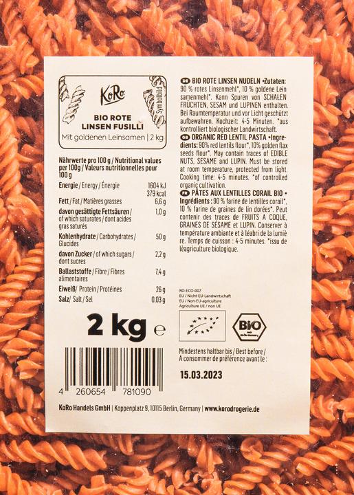 Nährwerte und Zutaten KoRo Bio rote Linsen (2000 g)