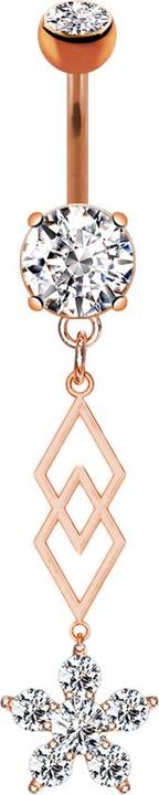 Star Piercing Banane rosegold mit zwei Kugeln Kristall silber Anhänger zwei Diamanten Kristallblume (Messing, Chirurgenstahl 316L)