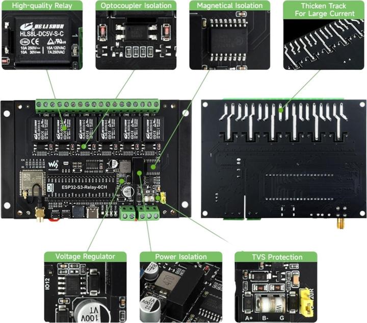 Actual product image WaveShare ESP32-S3 6-channel relay module with RS485 and pico header