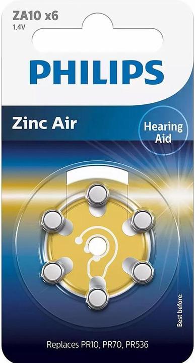 Immagine prodotto Philips Batteria a bottone per apparecchi acustici ZA10 6 pezzi (6 pz., A10, 90 mAh)