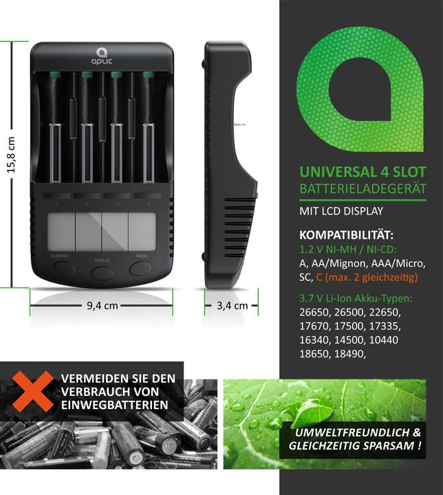 Produktbild Aplic Batterie Ladegerät 1000 mA, für Akku, mit USB-Ladeport für Li-ion / 18650 / Ni-MH / Ni-CD Akkus (18650, AA, AAA, Ladegerät ohne Akku)