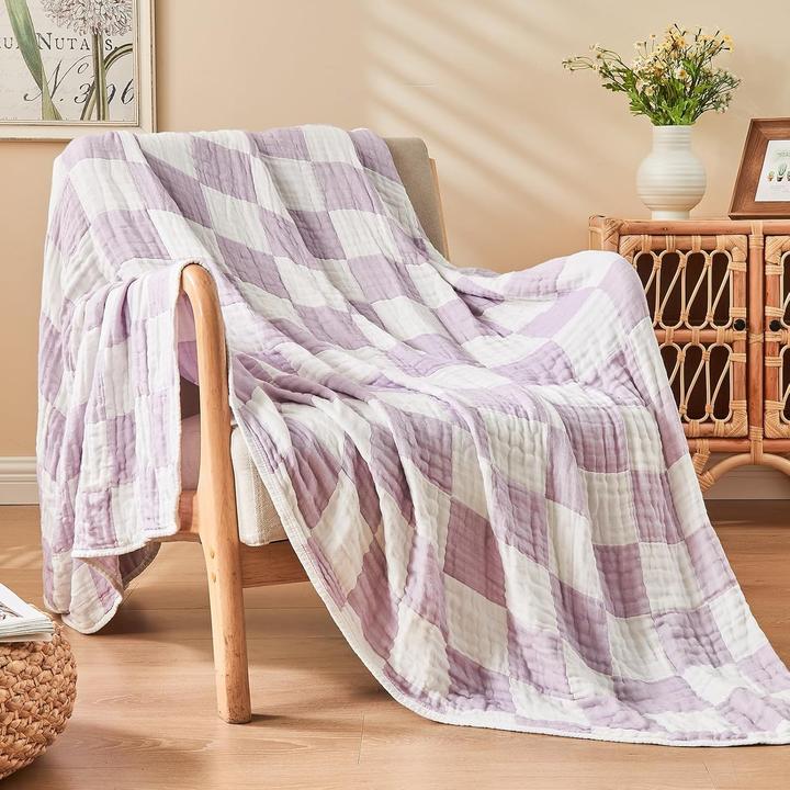 Milkii 6-lagige Musselin Decke, 180x140 cm - Lila/ Weiss (180 x 140 cm)