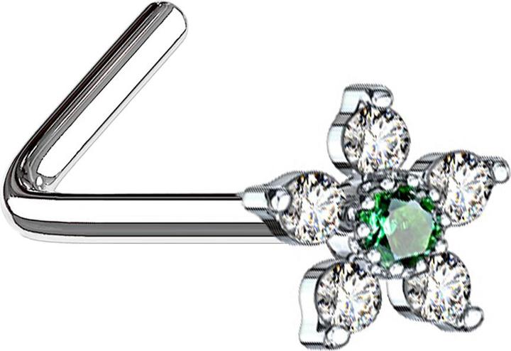 Produktbild Star Piercing Nasenstecker gewinkelt silber Blume mit Kristall grün und silber (Messing, Chirurgenstahl 316L)