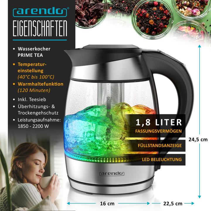 Produktbild Arendo Wasserkocher 1,8 L aus Glas & Edelstahl mit Temperatureinstellung & Teesieb, Teekocher 2200 W (1.80 l)