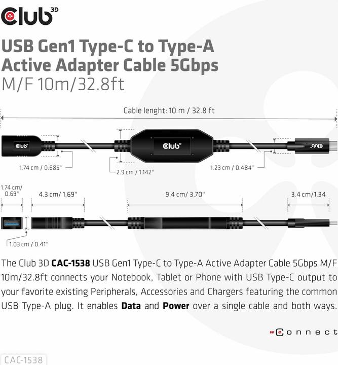 Produktbild Club 3D Club3D Kabel USB 3.2 Typ C <> USB Typ A St/Bu (10 m, USB 3.2 Gen 1)