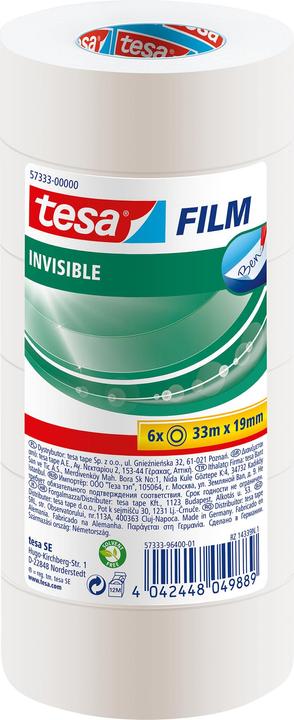 tesa 6x tesafilm INVISIBLE, invisible mat, résistant au vieillissement et à la déchirure (19 mm)