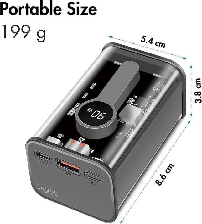 Produktbild LogiLink Powerbank 10000 mAh, 1x USB-A, 1x USB-C, mit Display, PD & QC, transp. (10000 mAh, 20 W, 37 Wh)