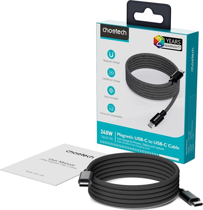 Produktbild Choetech XCC-1054 240W Cable with Power Delivery 3.1 USB-C Magnetic 1.2m - Black (1.20 m, USB 3.1, 240 W)