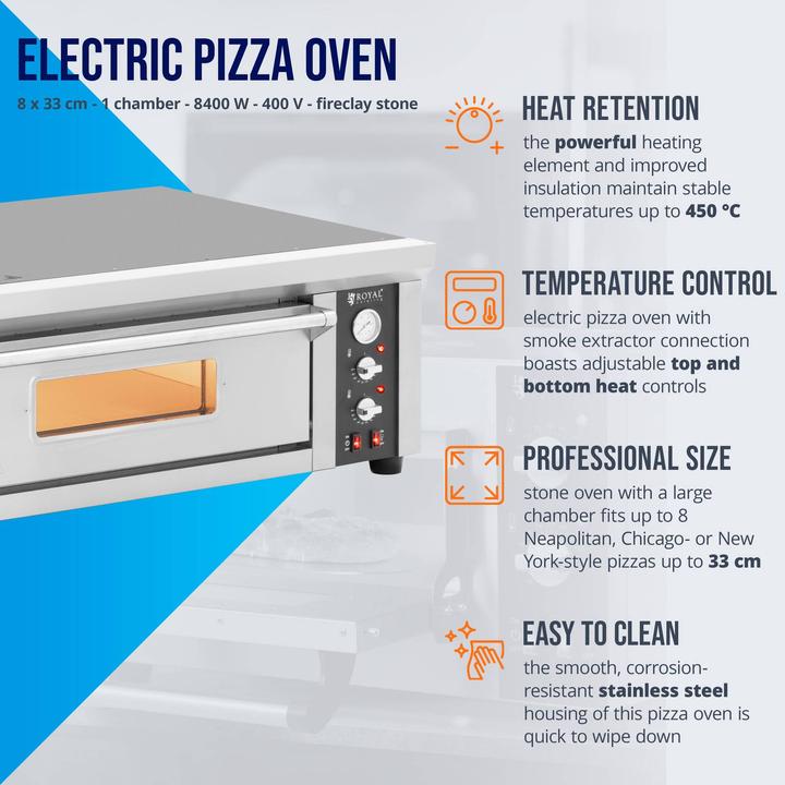 Produktbild Royal Catering Elektro-Pizzaofen 1 Backkammer 450 °C Ober-/ Unterhitze für 8 Pizzas mit Ø 33 cm (Pizzaofen Elektro)