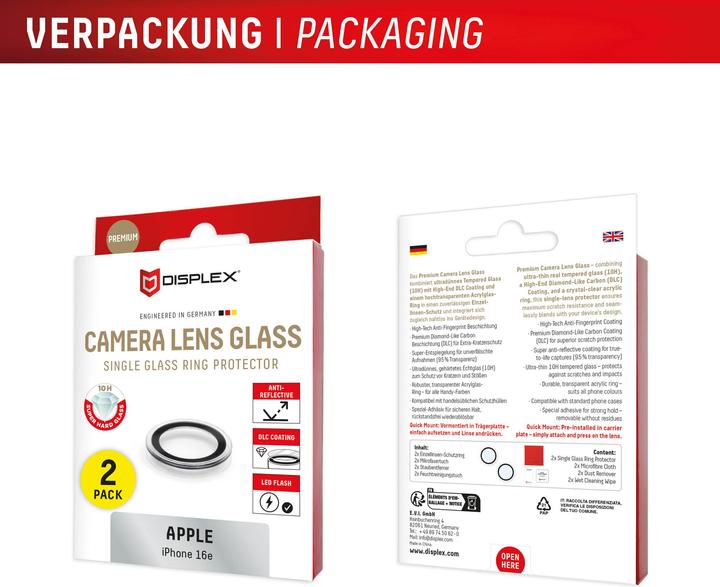 Produktbild Displex Premium Camera Lens Glass, Kamera Schutzglas, Einzelringe, Doppelpack (2 Stück, Apple iPhone 16e)