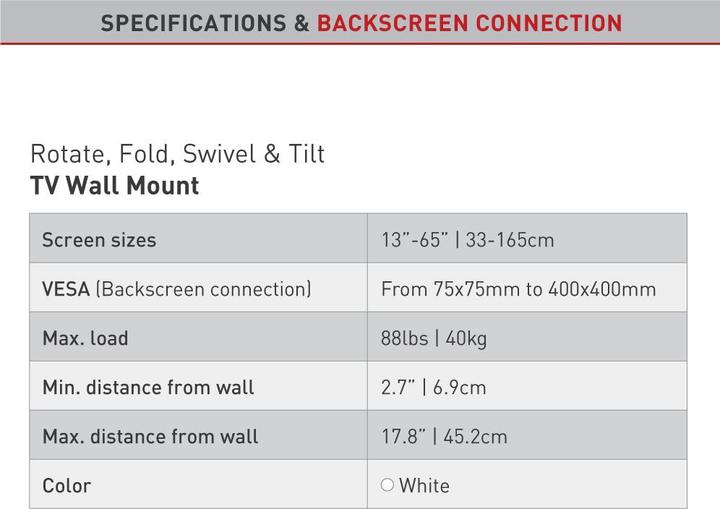 Nutritional values and ingredients Barkan TV wall bracket 13-65", metal, white (Wall, 65", 40 kg)