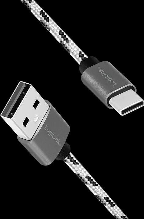 Produktbild LogiLink USB 2.0 Type-C Kabel-Set, C/M zu USB-A/M, Alu, Nylon, weiss/schwarz (2 m, USB 2.0, 10 W)