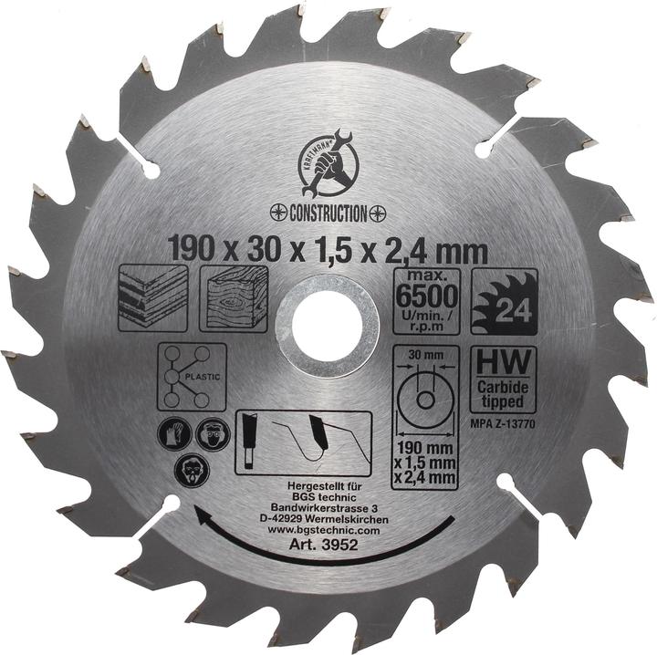 BGS Lama per sega circolare con punte in metallo duro Ø 190 x 30 x 2,5 mm 24 denti