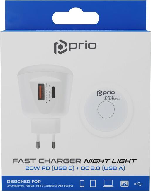 Produktbild prio Fast Charge Wall Charger 20W PD (USB C) + QC 3.0 (USB A) Night Light white (20 W)