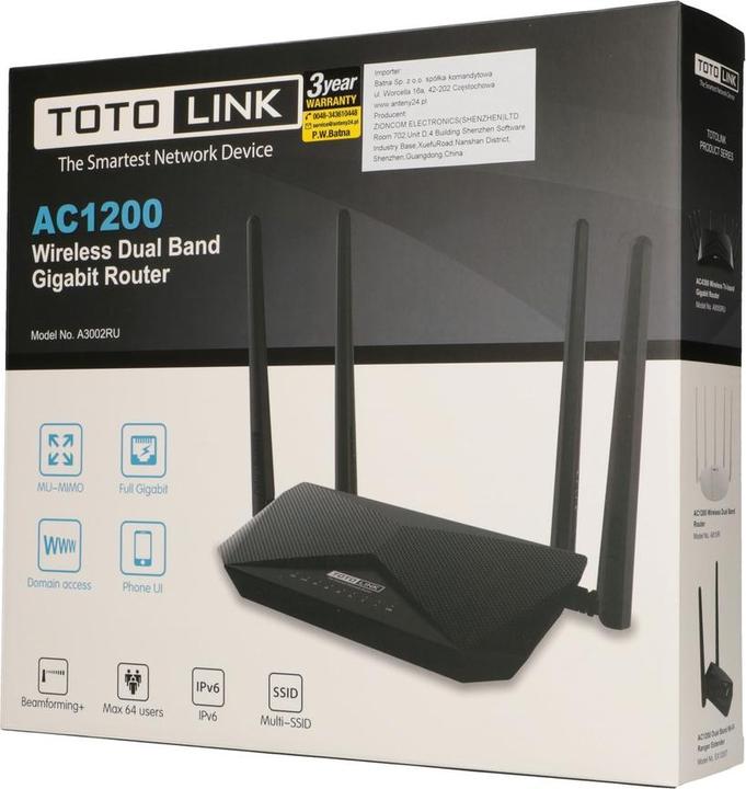 Actual product image Totolink A3002RU-V2 WLAN Router Gigabit Ethernet Dual-Band (/5 GHz)
