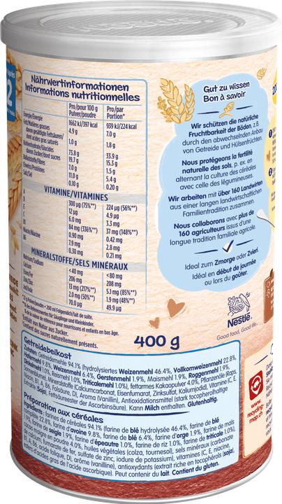 Valeurs nutritives et ingrédients Nestlé Junior Drink Cacao (400 g)