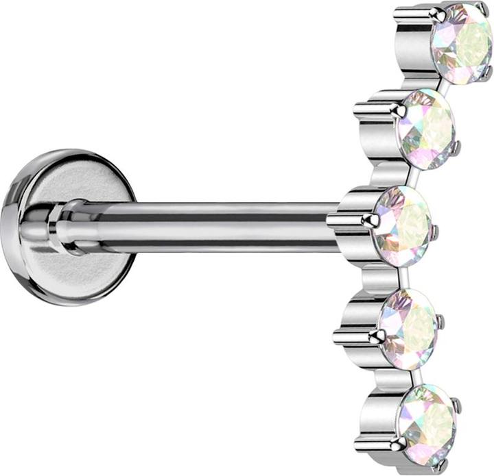 Star Piercing Micro Labret Innengewinde silber gebogen silber fünf runde Kristalle multicolor (ohne Messing, Titan G23)