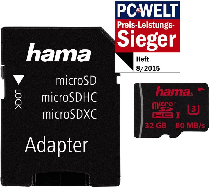 Produktbild Hama microSDHC 32GB Class 3 +Adapter/Foto (32 GB, microSDHC, U3, UHS-I)