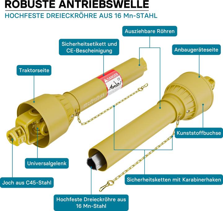 Produktbild Wiltec Zapfwelle T6 Gelenkwelle 1155mm 830Nm 540U/min PTO-Shaft 74kW 2x 1 3/8" 6 Zähne