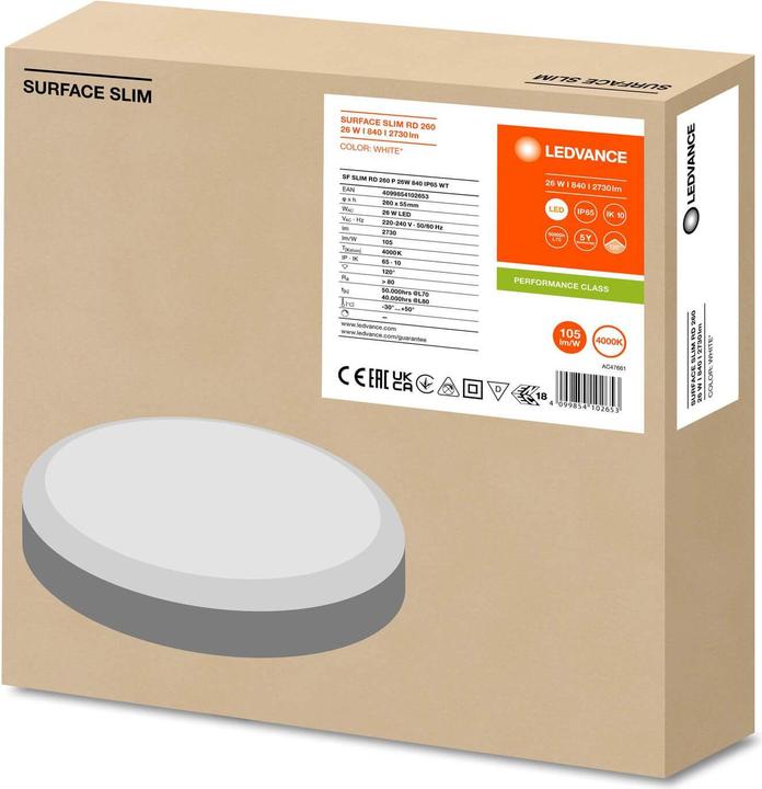 Produktbild Ledvance SURFACE SLIM Wand-/Deckenleuchte IK10 rund 260 26W 840 weiss IP65 (2730 lm)