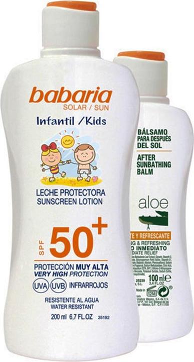 Immagine prodotto Babaria BAMBINI SPF50+ LECHE PROTECTORA RESISTENTE AL AGUA 200ML + BALSAMO ALOE 100ML (Crema solare, SPF 50, 200 ml)