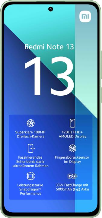 Produktbild Xiaomi Redmi Note 13 (128 GB, Mint Green, 6.67", Hybrid Dual SIM, 108 Mpx, 4G)