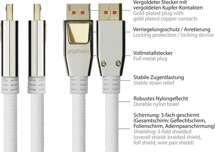 Produktbild Python PYT M0223 DP 1.4 auf HDMI 2.0 A Stecker, Nylon, 4K@60Hz, 3 m, weiss (3 m, HDMI)
