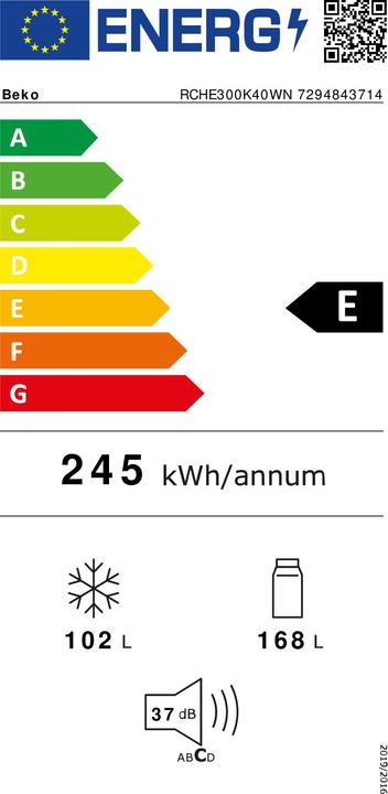 Label énergétique Beko RCHE300K40WN - Koel- vriescombinatie - E - Wit (300 l)
