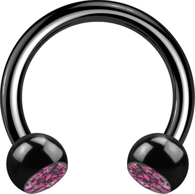 Star Piercing Circular Barbell schwarz mit zwei Kugeln Kristall pink (ohne Messing, Titan G23)
