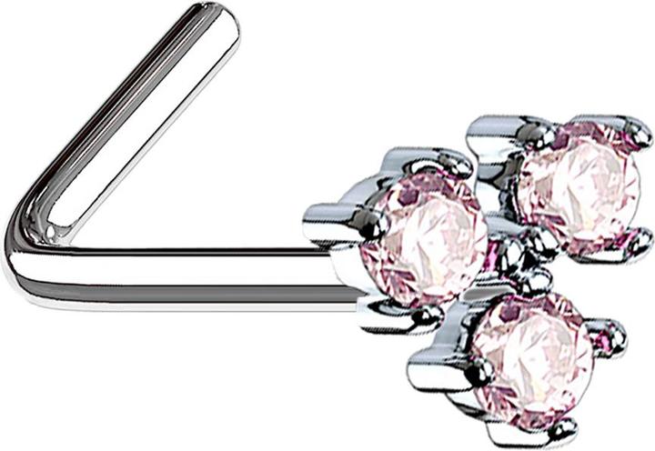 Star Piercing Nasenstecker gewinkelt silber mit drei Kristallen pink (Chirurgenstahl 316L, Messing)