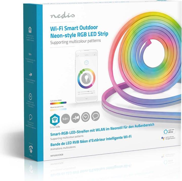 Image du produit Nedis WIFILN51CRGB Smart Full Color LED pásek Wi-Fi | Více barev | 5000 mm | IP65 | 960 lm, F (Multicolore, 500 cm, Intérieur, Extérieur)