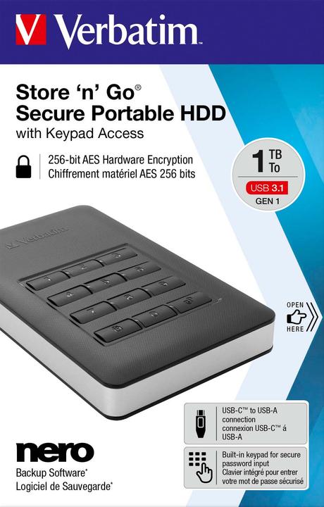 Immagine prodotto Verbatim unità HDD esterna USB 3.1 Secure (1 TB)