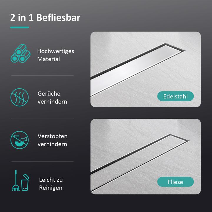 Actual product image Emke Duschrinne Edelstahl, Bodenablauf Komplettset Siphon mit Geruchsstop, Haarsieb, 500cm (500 mm)