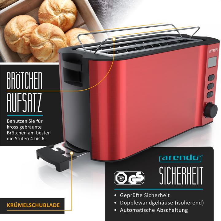 Produktbild Arendo 4 Scheiben Toaster Langschlitz Edelstahl, Doppelwand, Brötchenaufsatz, Display mit Restzeitanzeige
