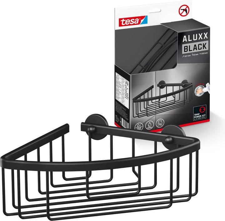 Produktbild tesa ALUXX BLACK Eck-Duschablage inkl. Klebelösung ohne Bohren (9.5 x 20.5 x 21 cm)